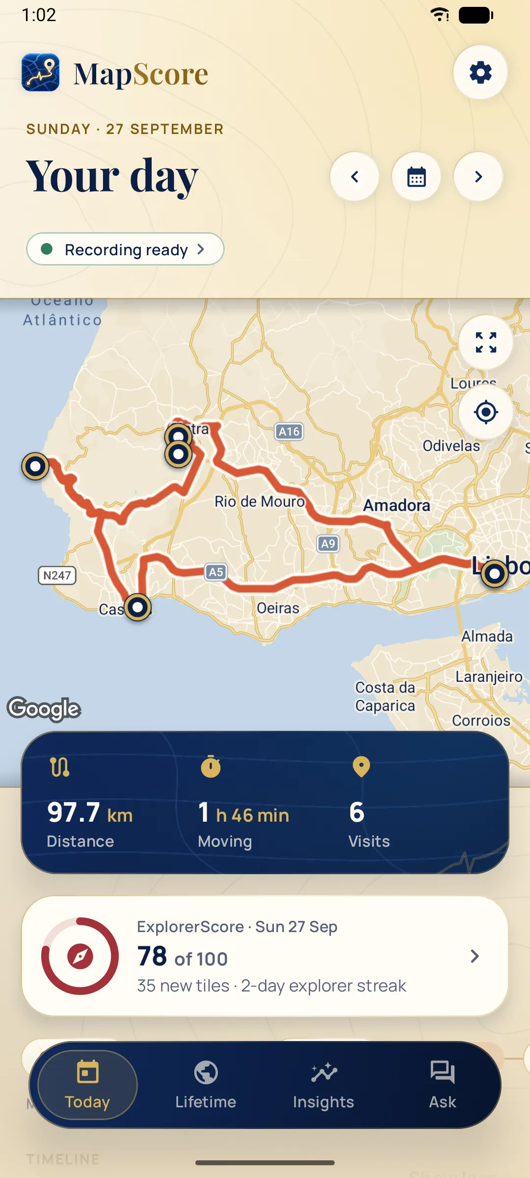 A day of driving from Lisbon to Sintra, Cabo da Roca and Cascais drawn on a map