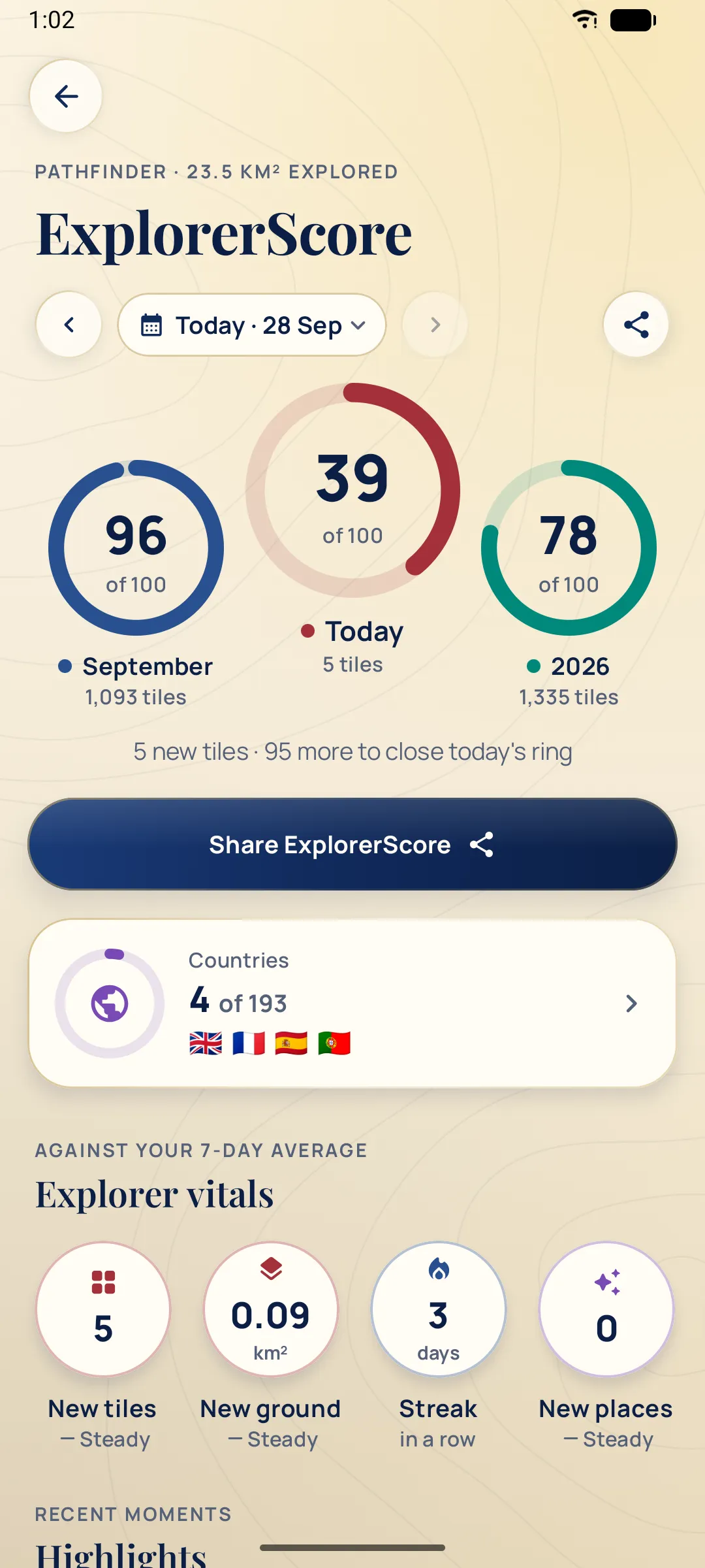 ExplorerScore rings for today, September and 2026