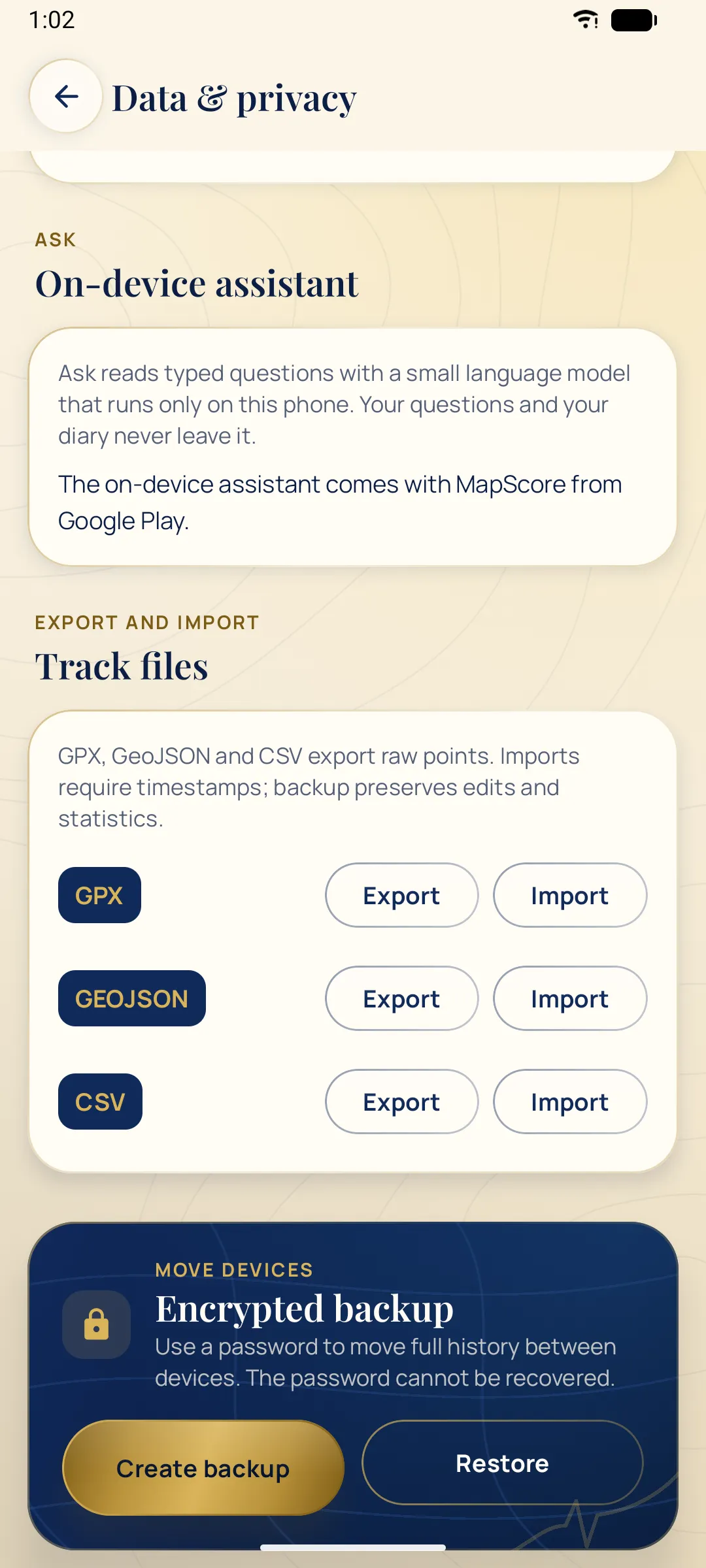 Data and privacy screen with GPX, GeoJSON and CSV export and encrypted backup