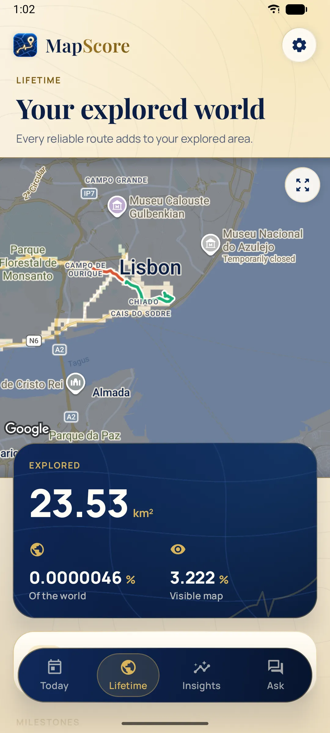 Lifetime map of Lisbon showing explored streets and 23.53 square kilometres explored