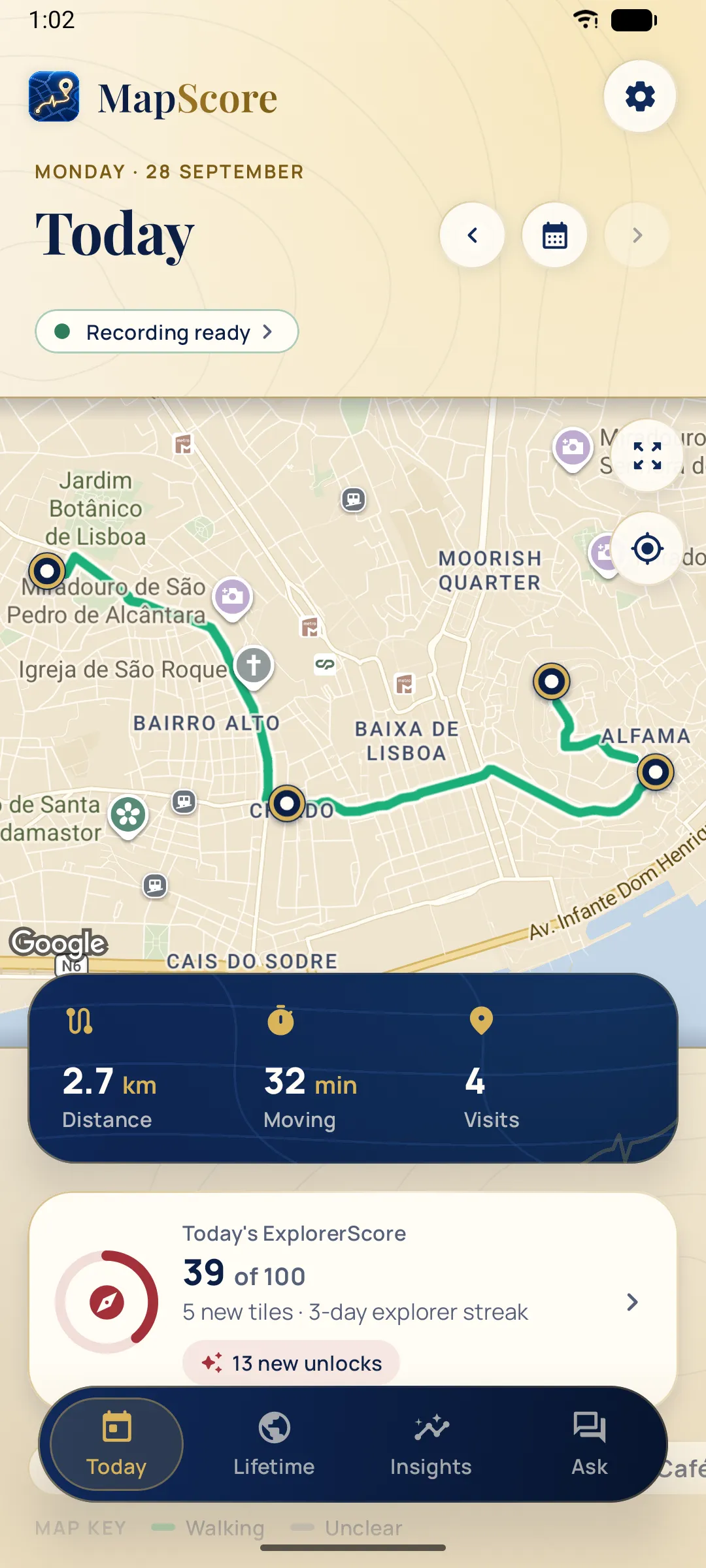MapScore Today screen: a morning walk through Lisbon with 2.7 km, 4 visits and an ExplorerScore of 39